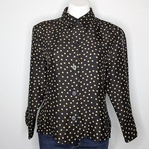 LSL black brown polka dot 2/3 sleeve button up silk shirt L